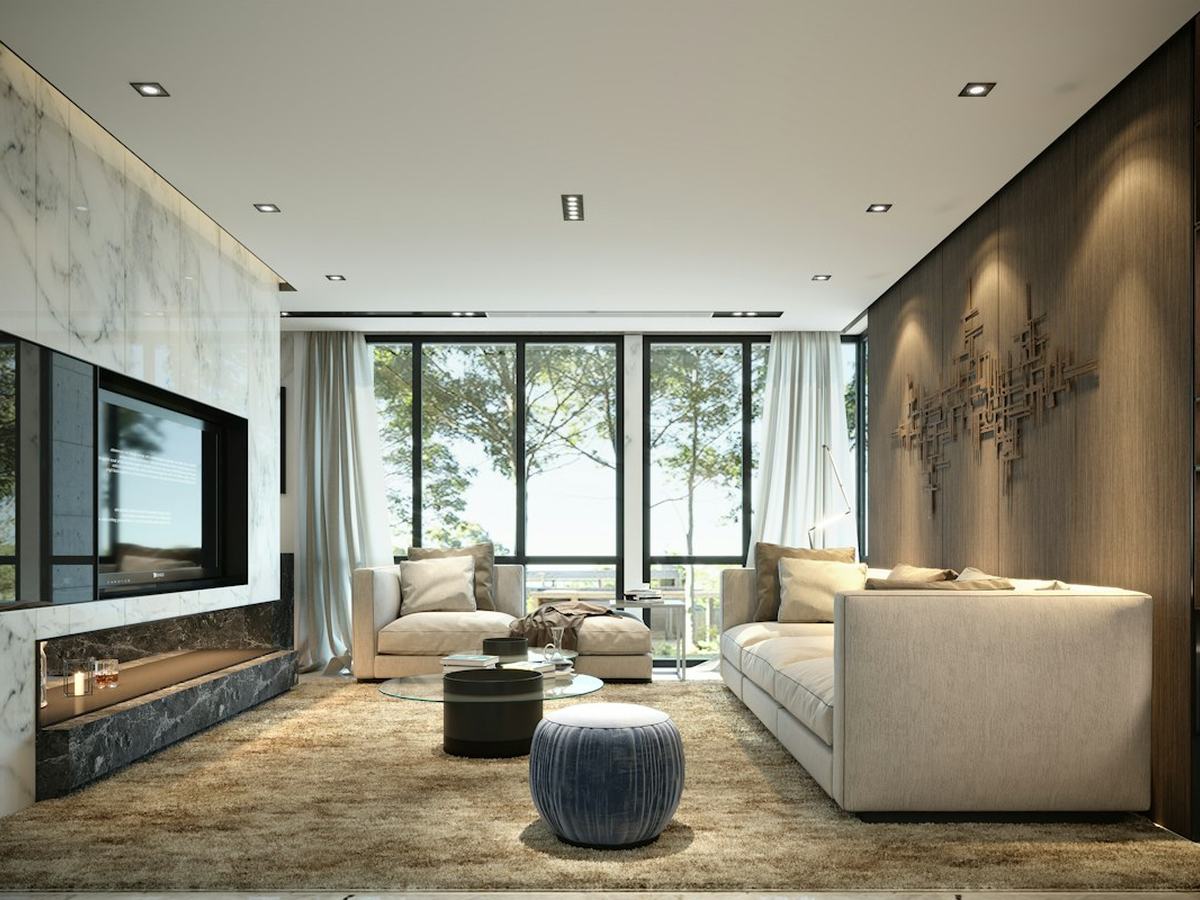 Living room with large windows and garden views